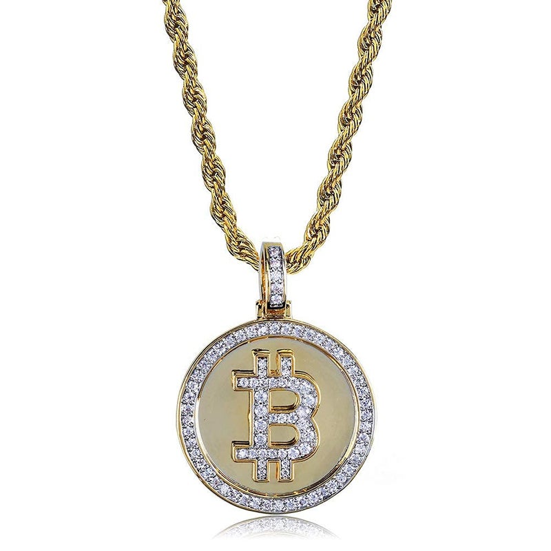 JAJAFOOK Jewelry Fully Iced Out CZ Simulated 14K Gold Plated Bitcoin Cryptocurrency Pendants Necklaces for Men with 24inch Stainless Steel Rope Chain - Image 4